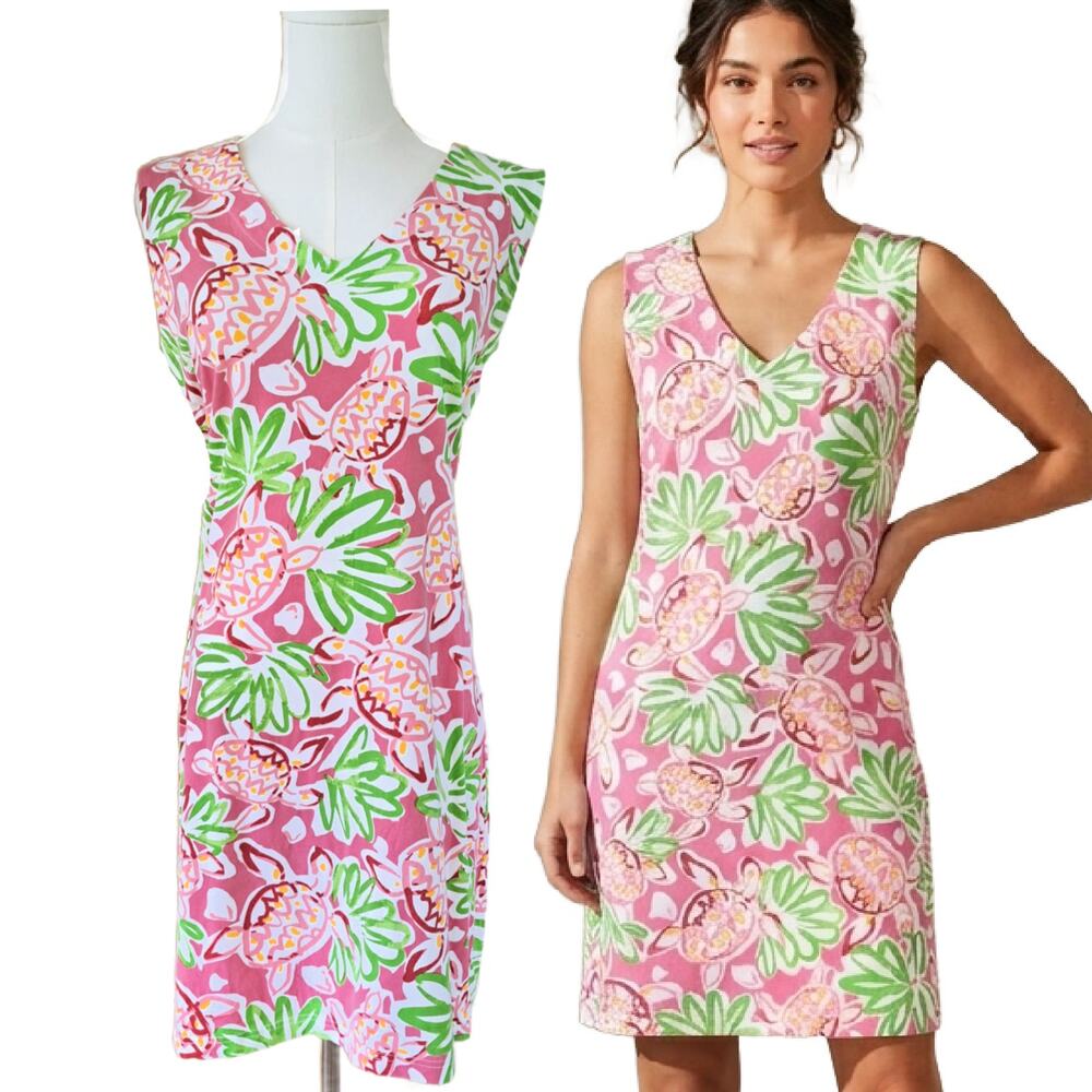 BARBARA GERWIT Pink Sea Turtle Print Shift Dress Medium Cotton Stretch V-Neck